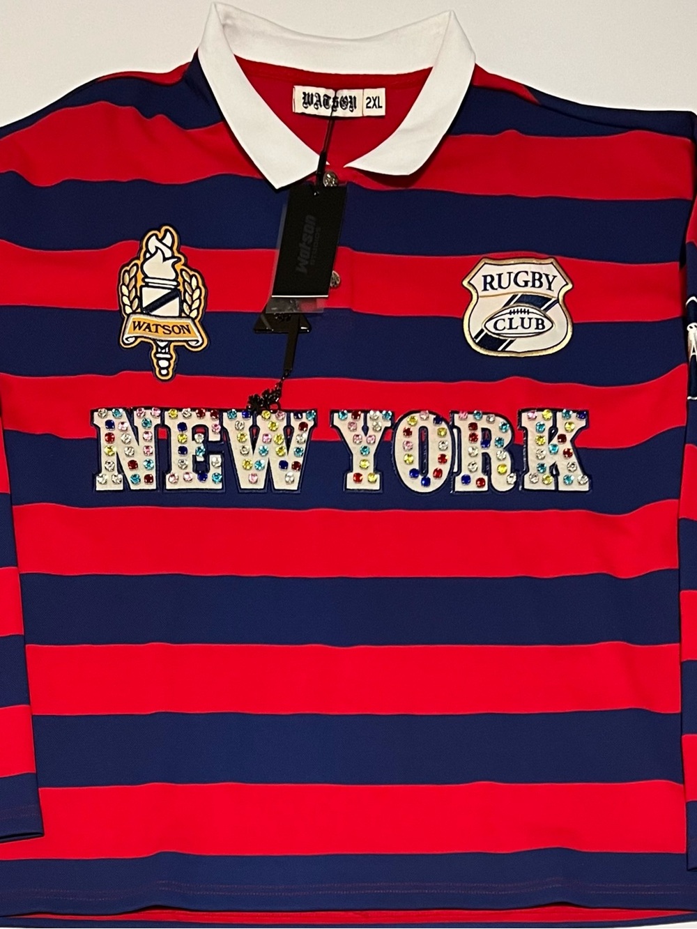 Watson New York, Rugby long sleeve Red, Navy Blue Polo with Colorful Rhinestones
